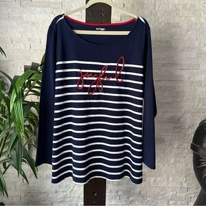 Kim Rogers Curvey “Joyful” Embroidered Red White Navy Blue Stripe Blouse Size 2X